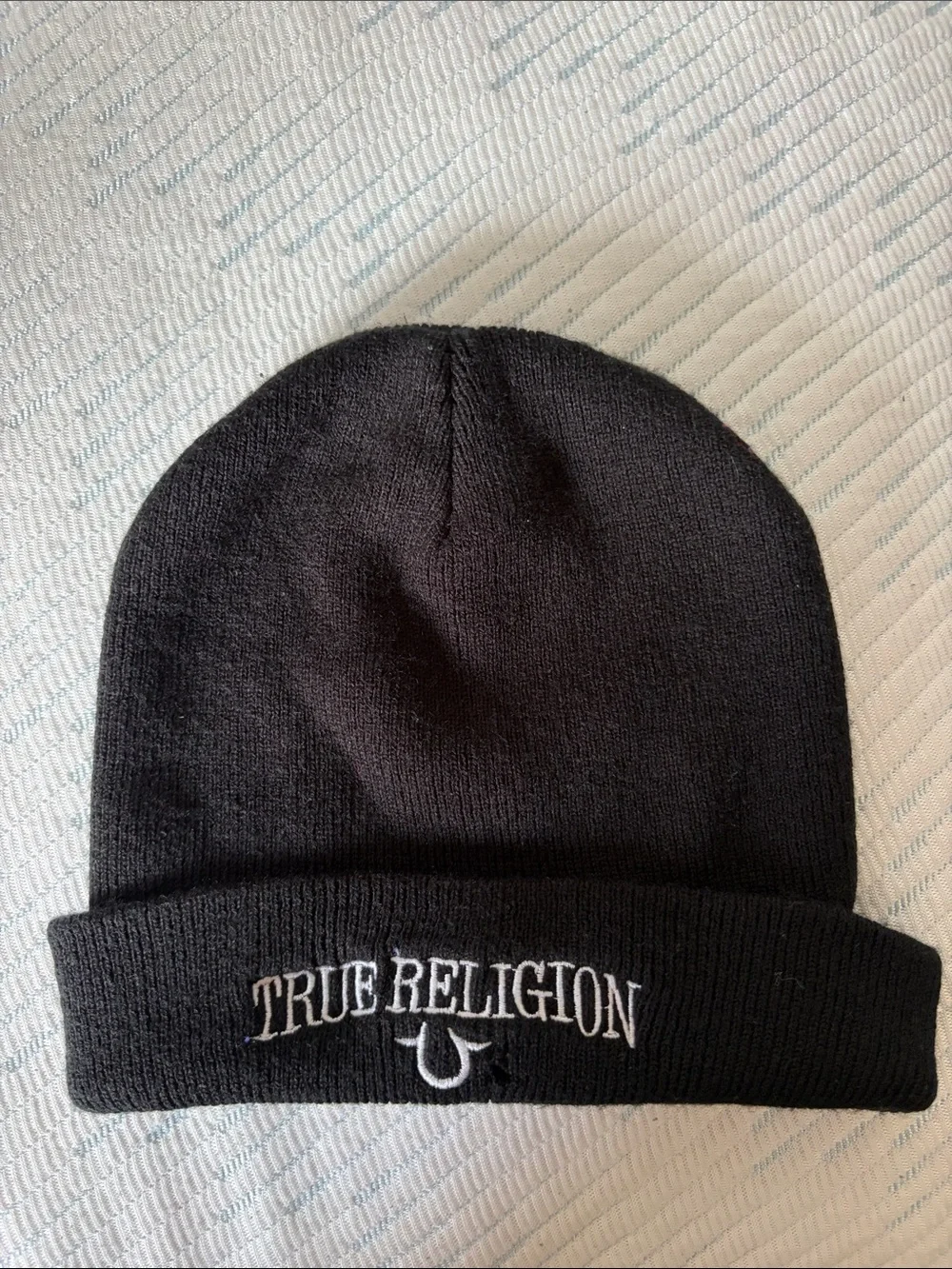 True Religion Black Cuffed Beanie with White Logo